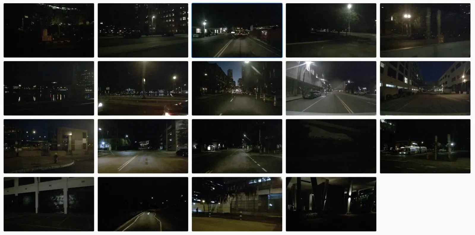 Nineteen dark night-time street frames selected by the prompt