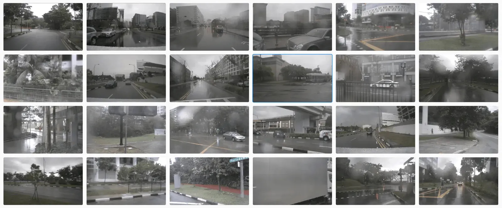 A grid of frames with rain on the lens, wet roads and overcast skies