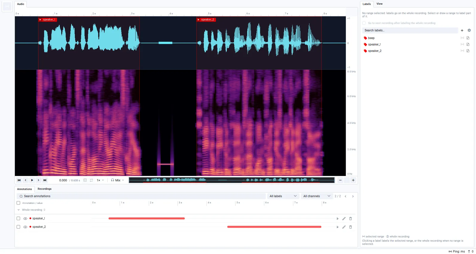 Two speakers marked as time ranges on a waveform and a spectrogram