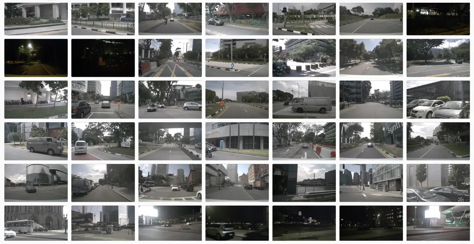 A grid of road-scene frames, mostly daylight street views with a few dark night frames mixed in