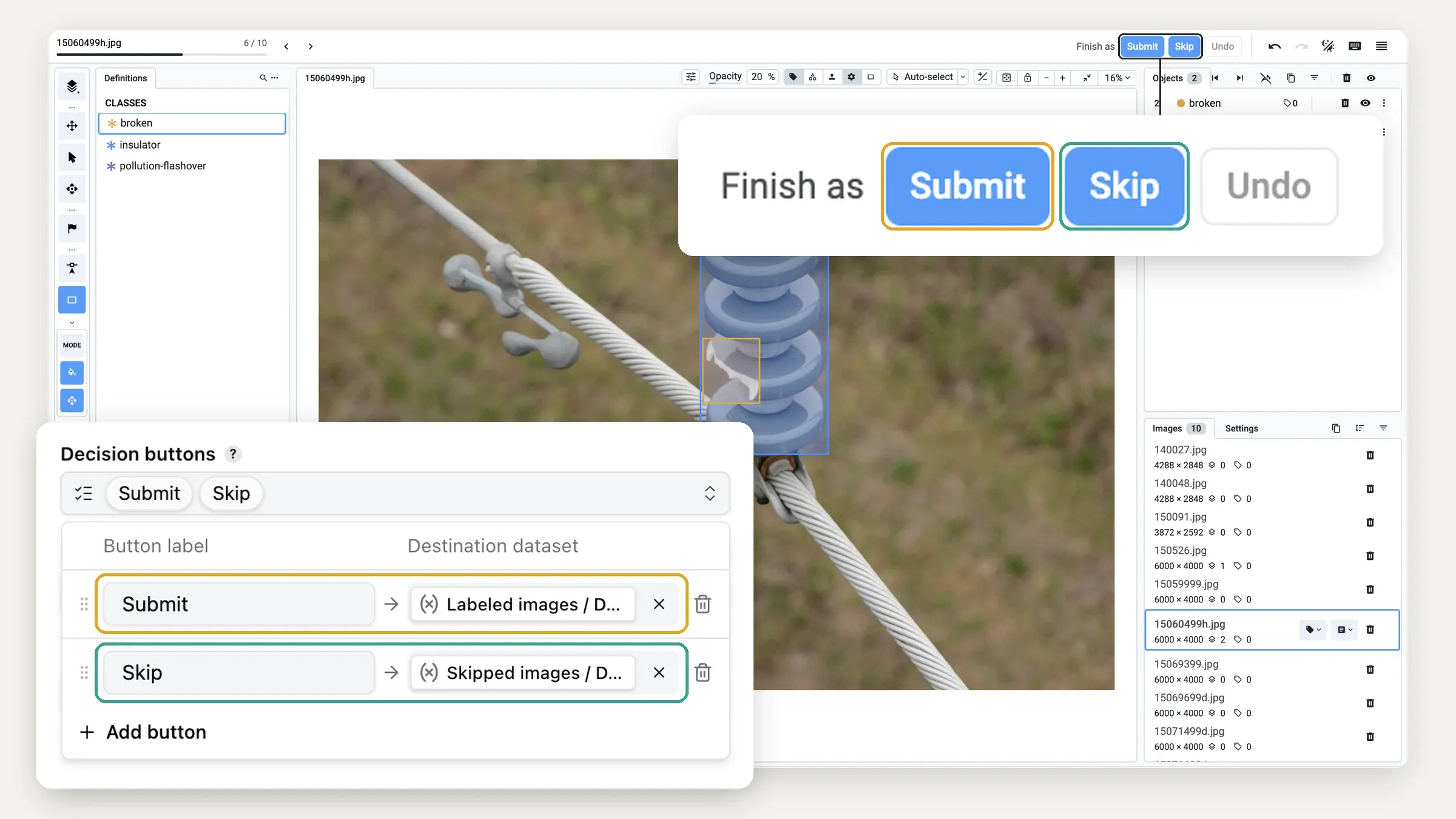 The Decision buttons setting of the Labeling node with the Submit and Skip pairs, over the annotation tool with the matching Submit and Skip buttons