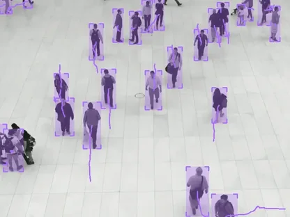 People tracked with purple detection boxes