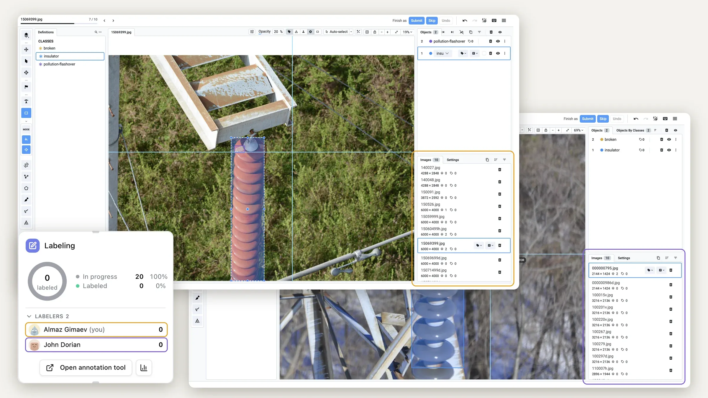 Two annotation tools open at the same time, each with its own queue of ten different images, next to the Labeling card listing both labelers