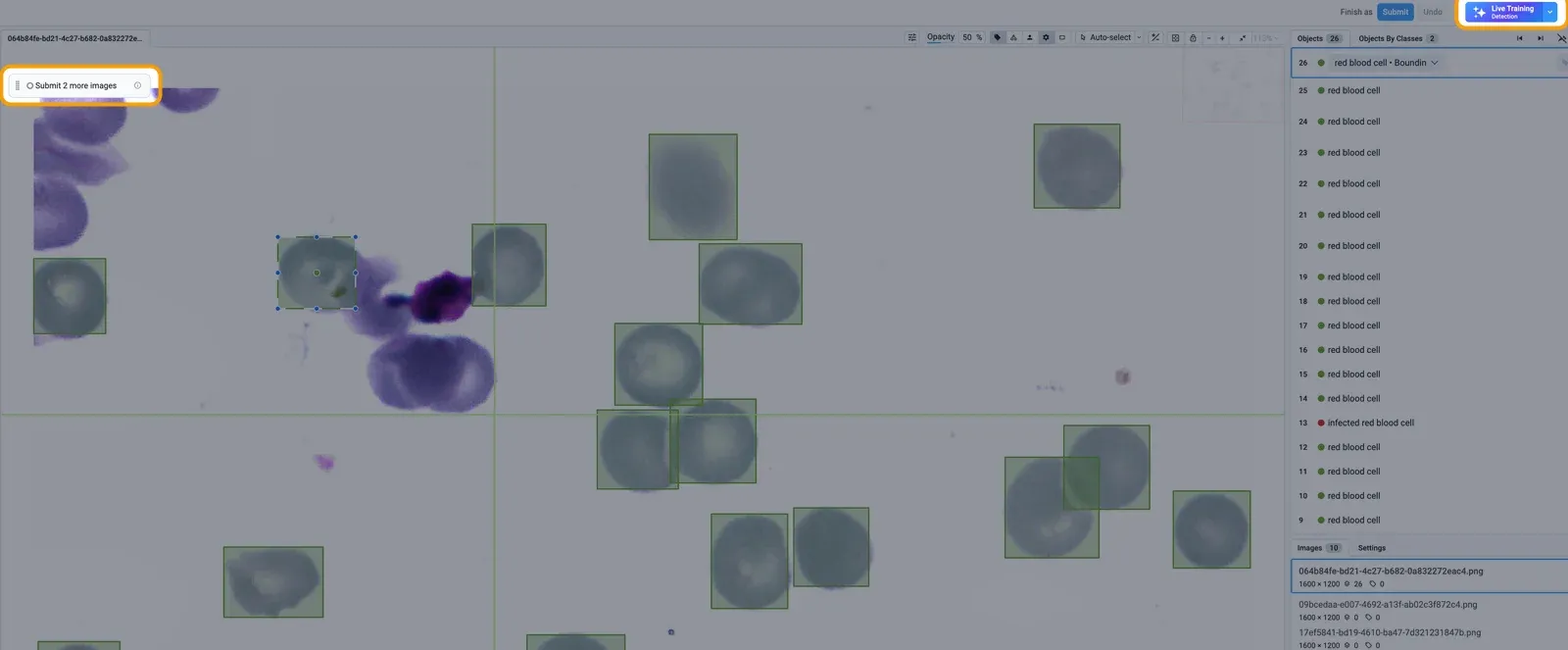 The labeling tool with a status chip that says Submit 2 more images and the Live Training button in the top bar